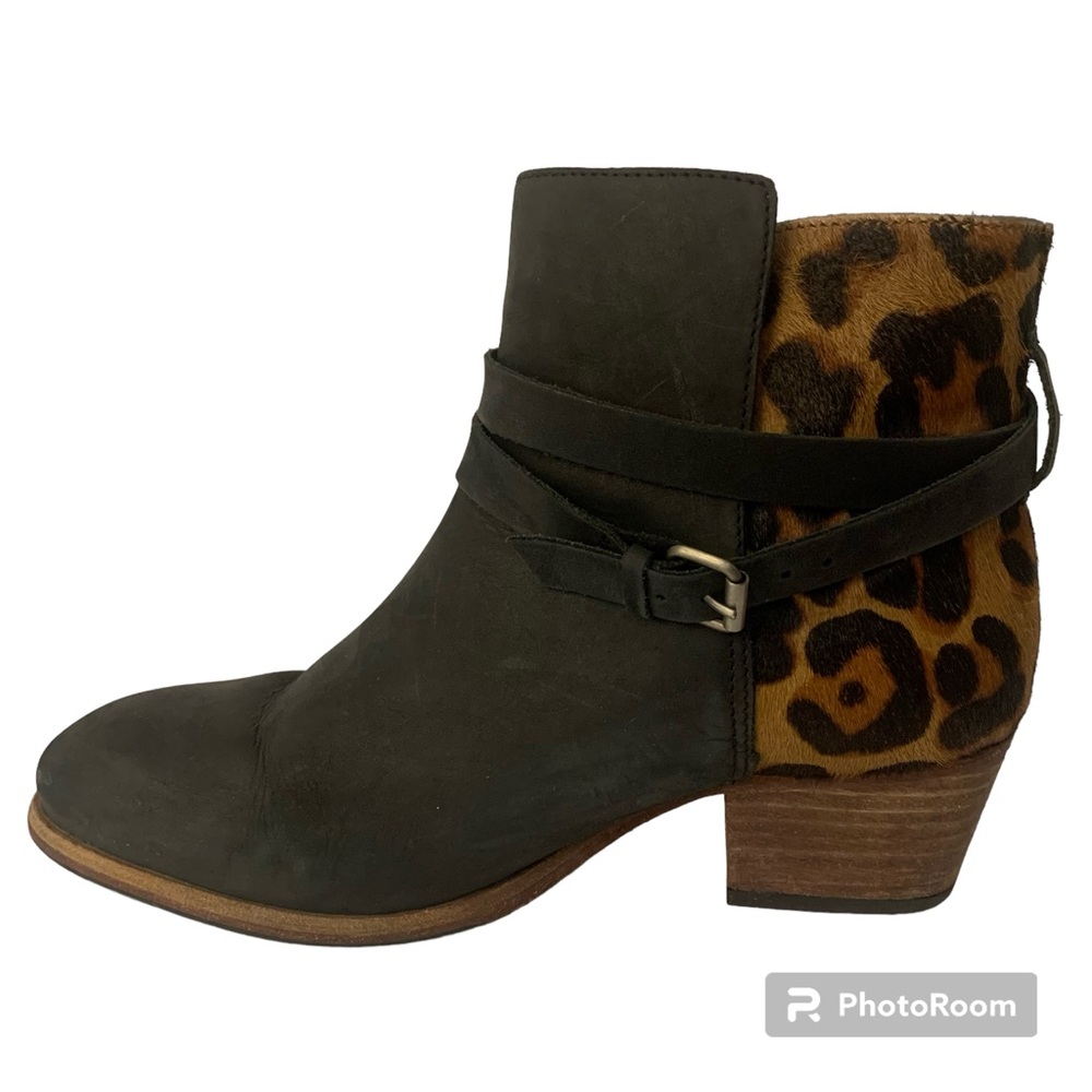 Boden Genuine Leather Wood Block Stacked Heel Calf-Hair Ankle Booties Size 39